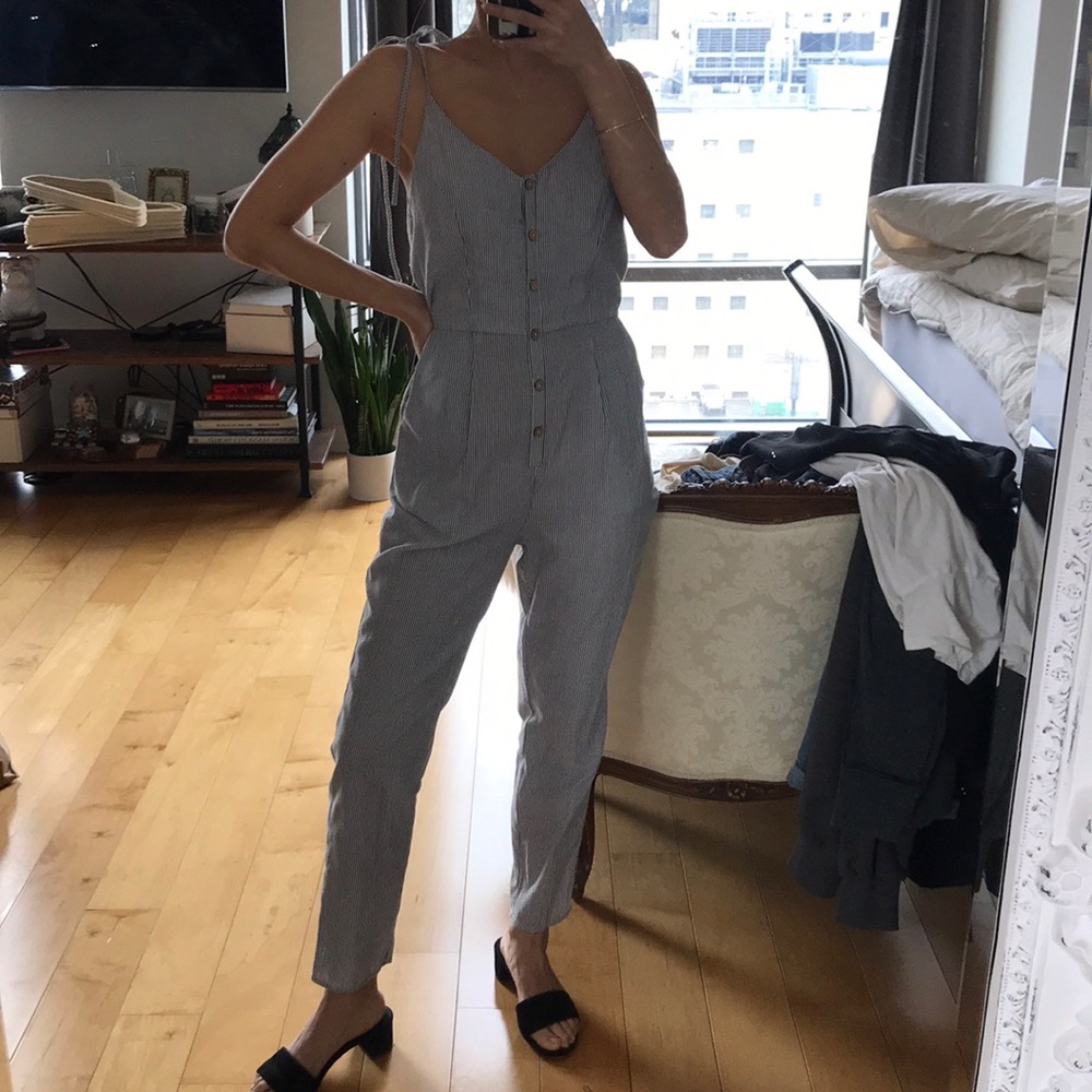 Pinstriped grey and white jumpsuit sz S